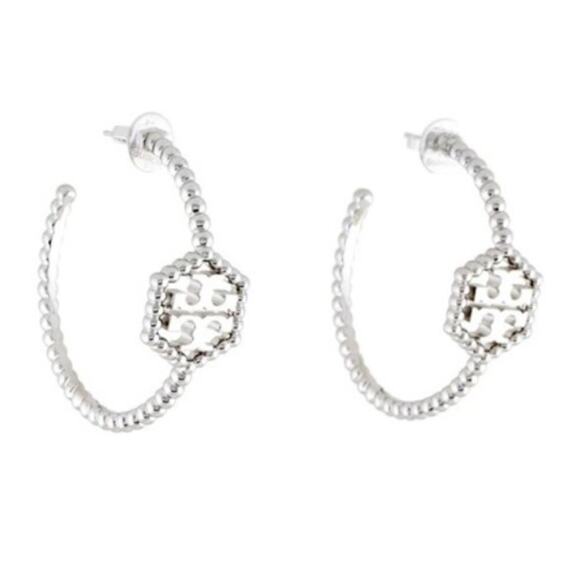 TORY BURCH Silver MILGRAIN HEX HOOP EARRINGS  NWT - Picture 6 of 6